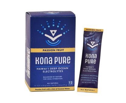 A box and single stick pack of Kona Pure Hawaii Deep Ocean Electrolytes in Passion Fruit flavor, shown on a clean white background.