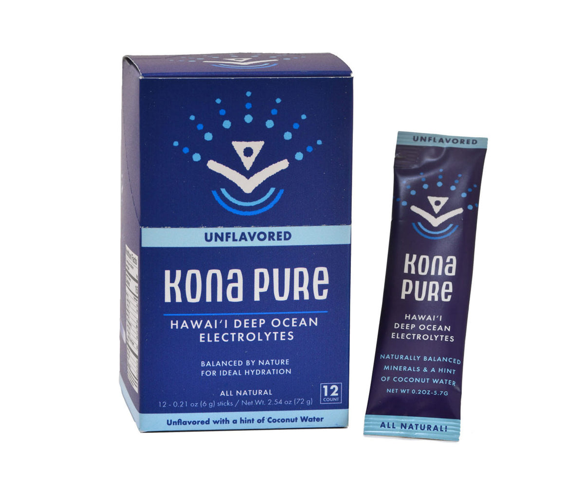 Kona Pure Hawaii's Deep Ocean Electrolytes unflavored product packaging, showing a blue box with 12 stick packs and one individual stick pack on a white background.