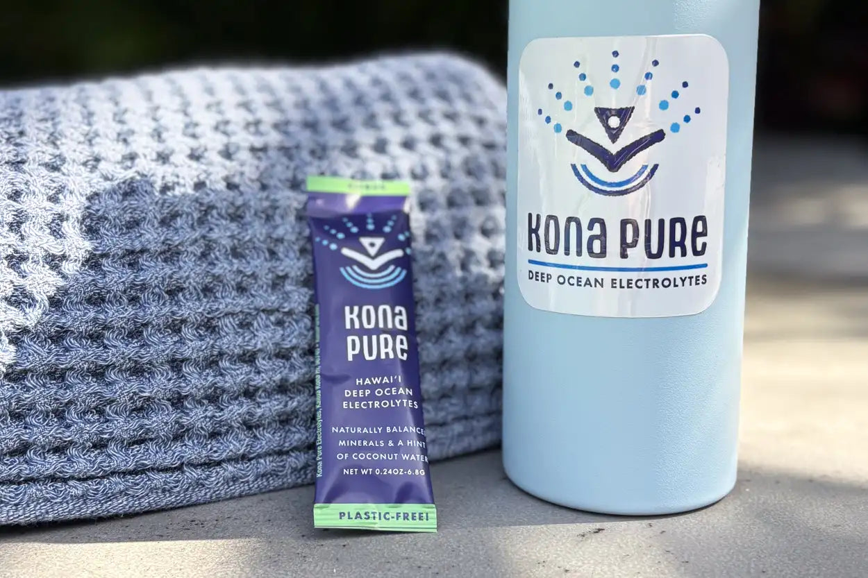 Kona Pure deep ocean electrolytes packaging on a textured surface