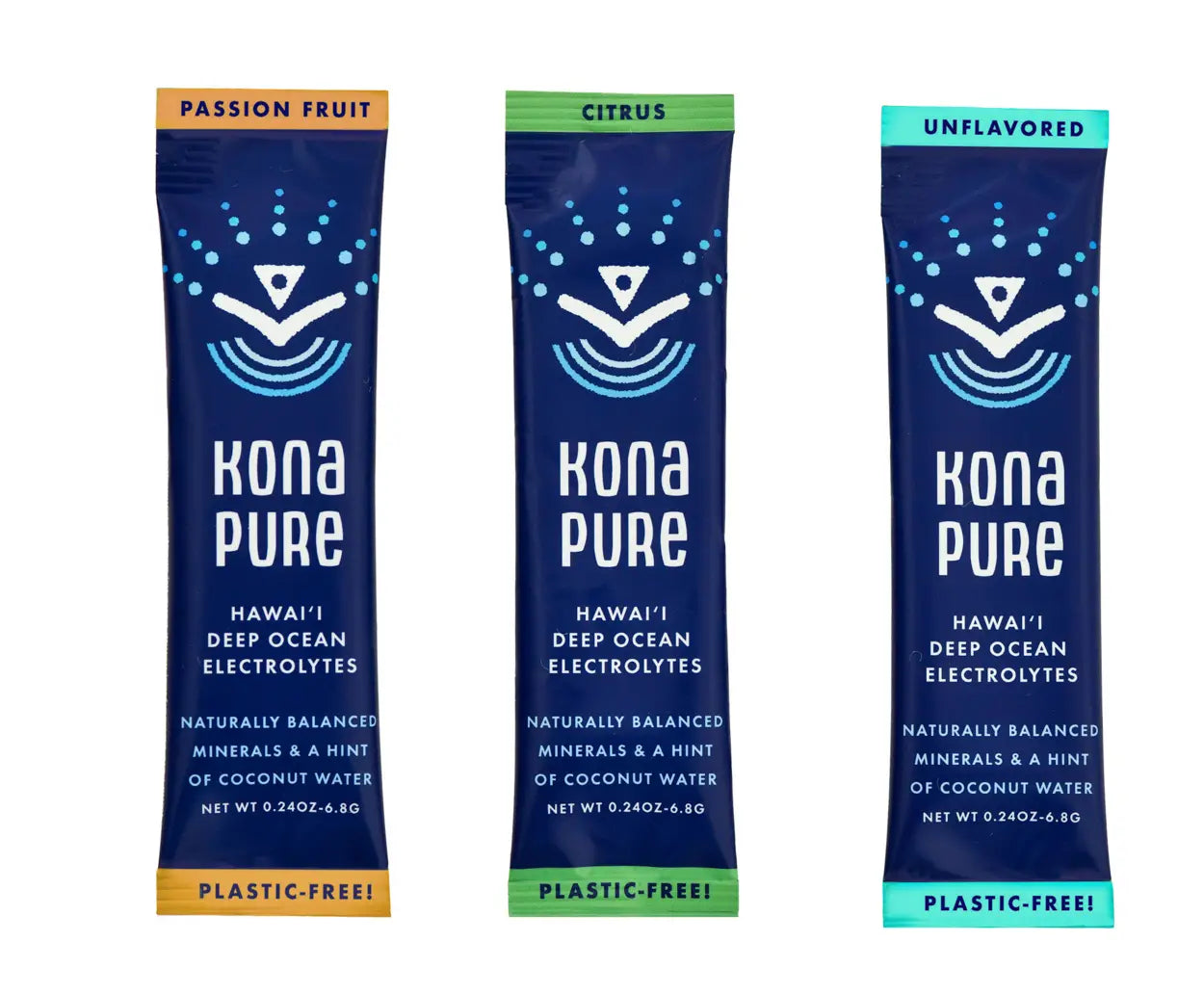 Three Kona Pure electrolyte powder packets in different flavors on a white background.