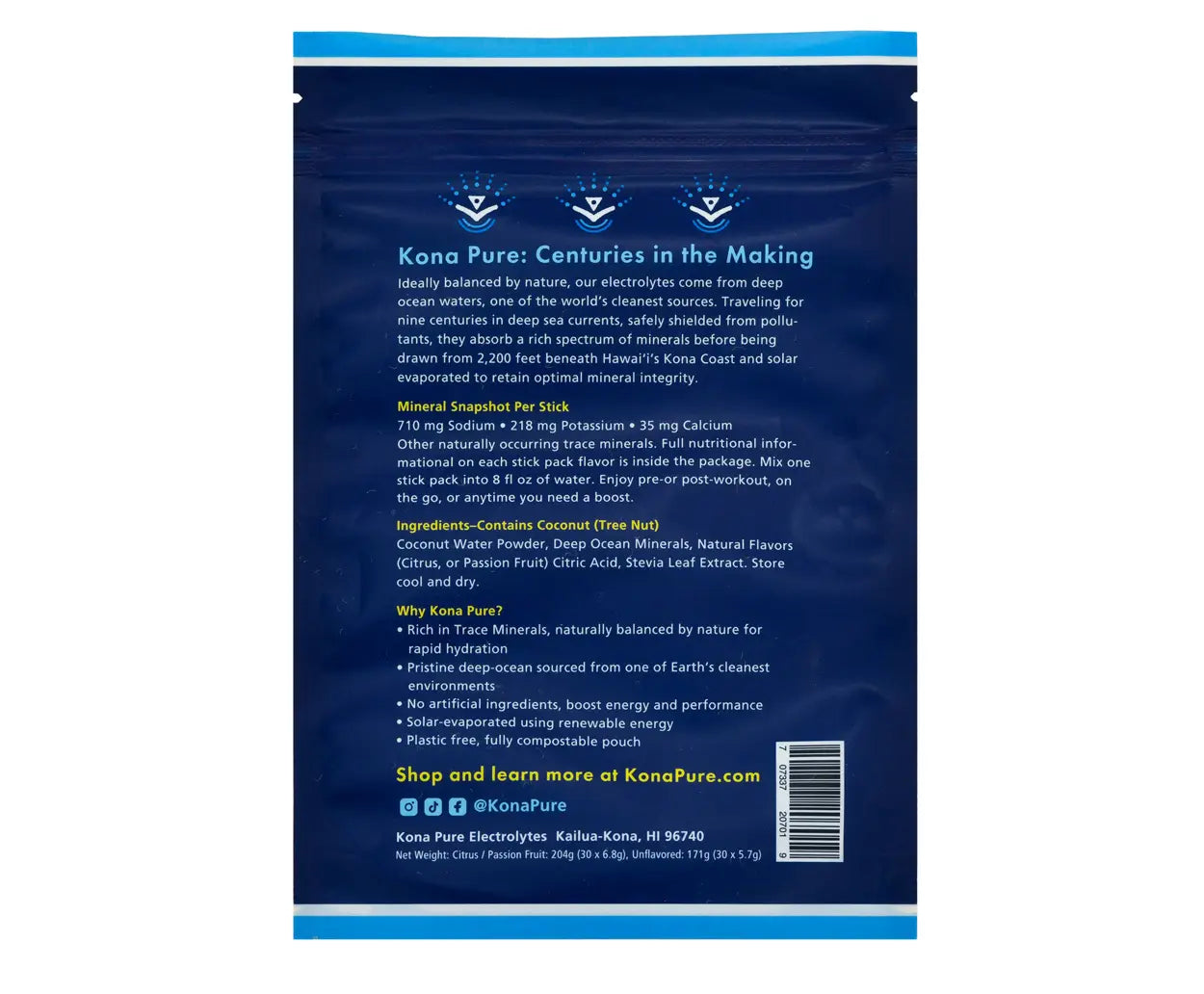 Back of a Kona Pure product packaging with text and branding.