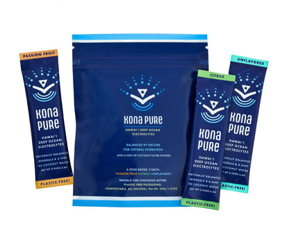 Kona Pure electrolyte powder packets on a white background