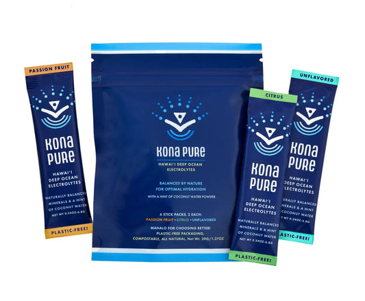 Kona Pure electrolyte powder packets on a white background