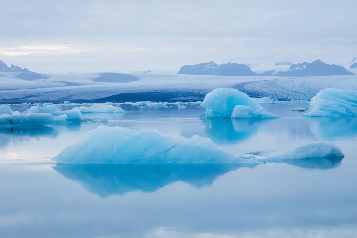 Icebergs floating in a glacial lagoon with mountains in the background
