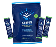 Kona Pure electrolyte powder package with multiple stick packs on a white background
