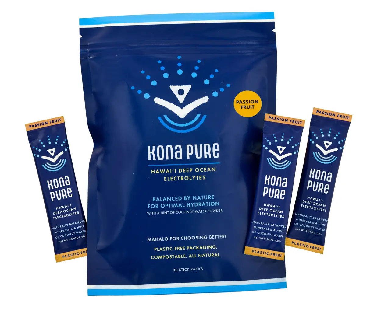 Kona Pure electrolyte powder package with multiple stick packs on a white background