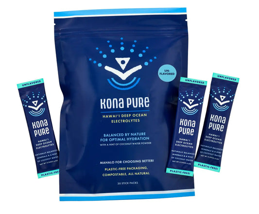 Kona Pure electrolyte powder package with smaller packets on a white background