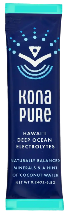Kona Pure electrolyte powder packet with blue and white design