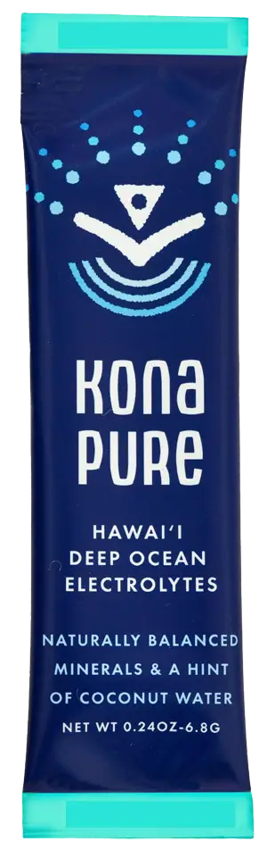 Kona Pure electrolyte powder packet with blue and white design